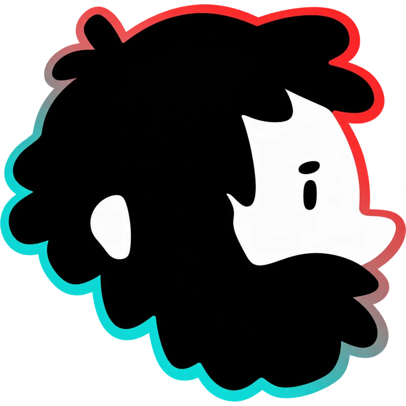 Mascote oficial do Totorial, com cabelo e barba pretos e contorno ciano e coral.